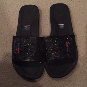 Tommy Hilfiger Black Glitter Sliders